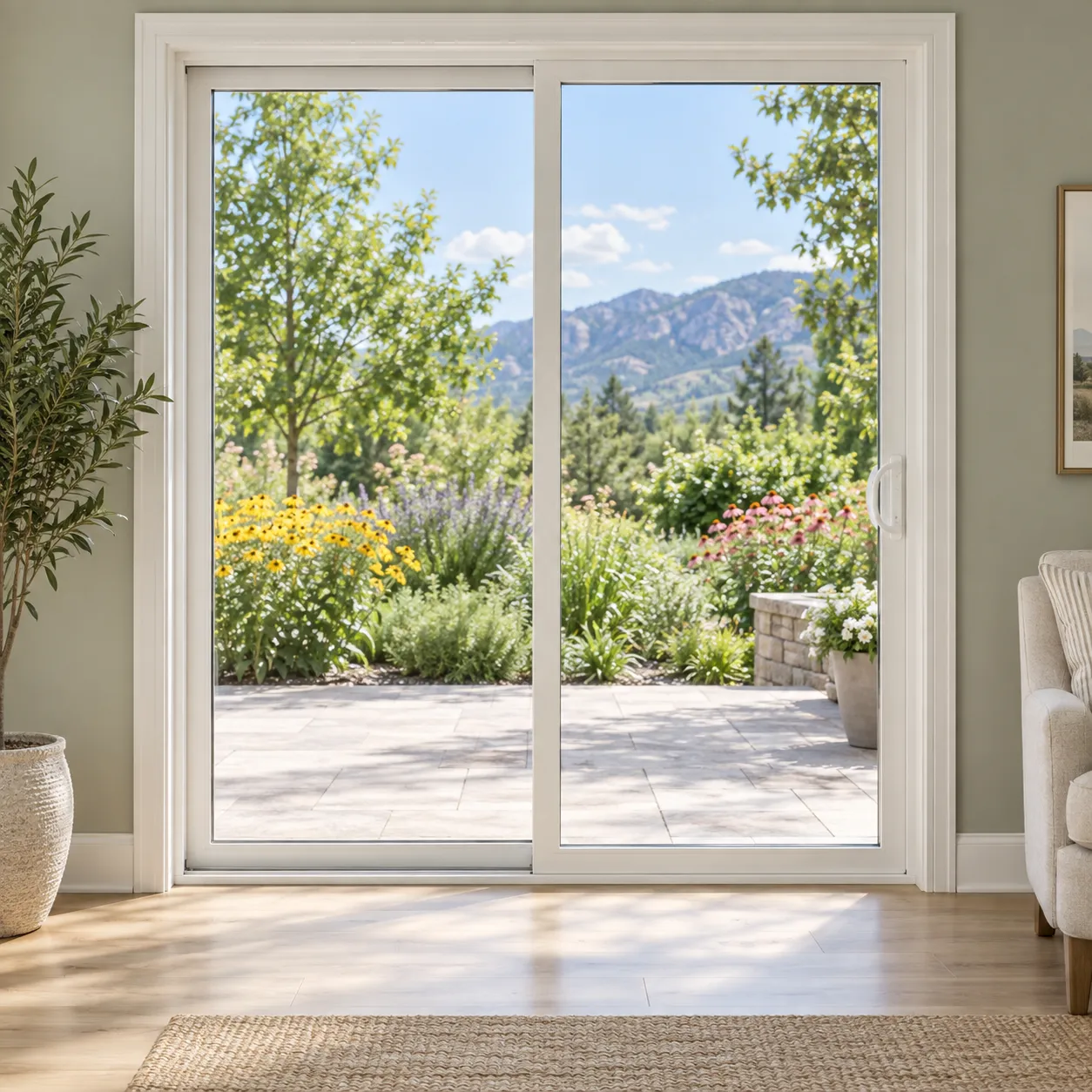 Illustrative white sliding patio door opening onto a sunny garden