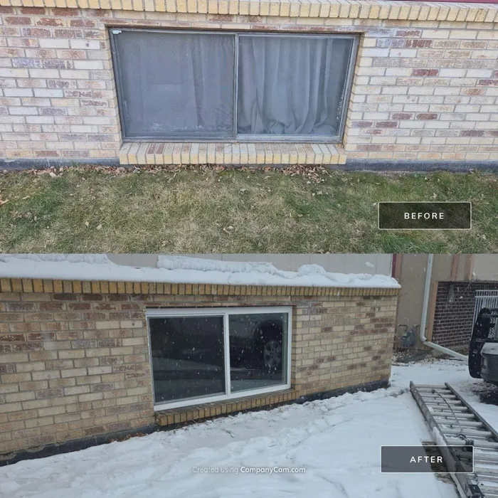 Before and after of a ground-level basement window on a Fort Lupton home