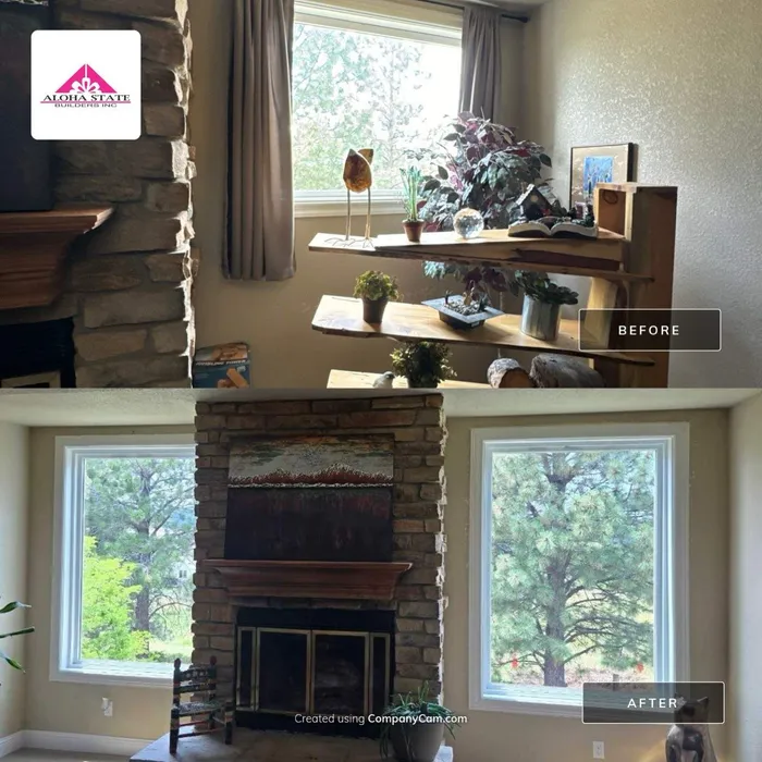 Before and after of the two windows beside a stone fireplace in Franktown