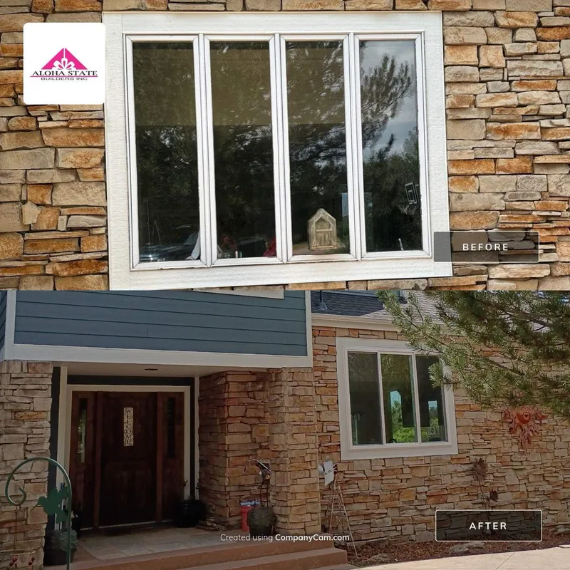 Before and after of the front windows on a stone-clad Franktown home